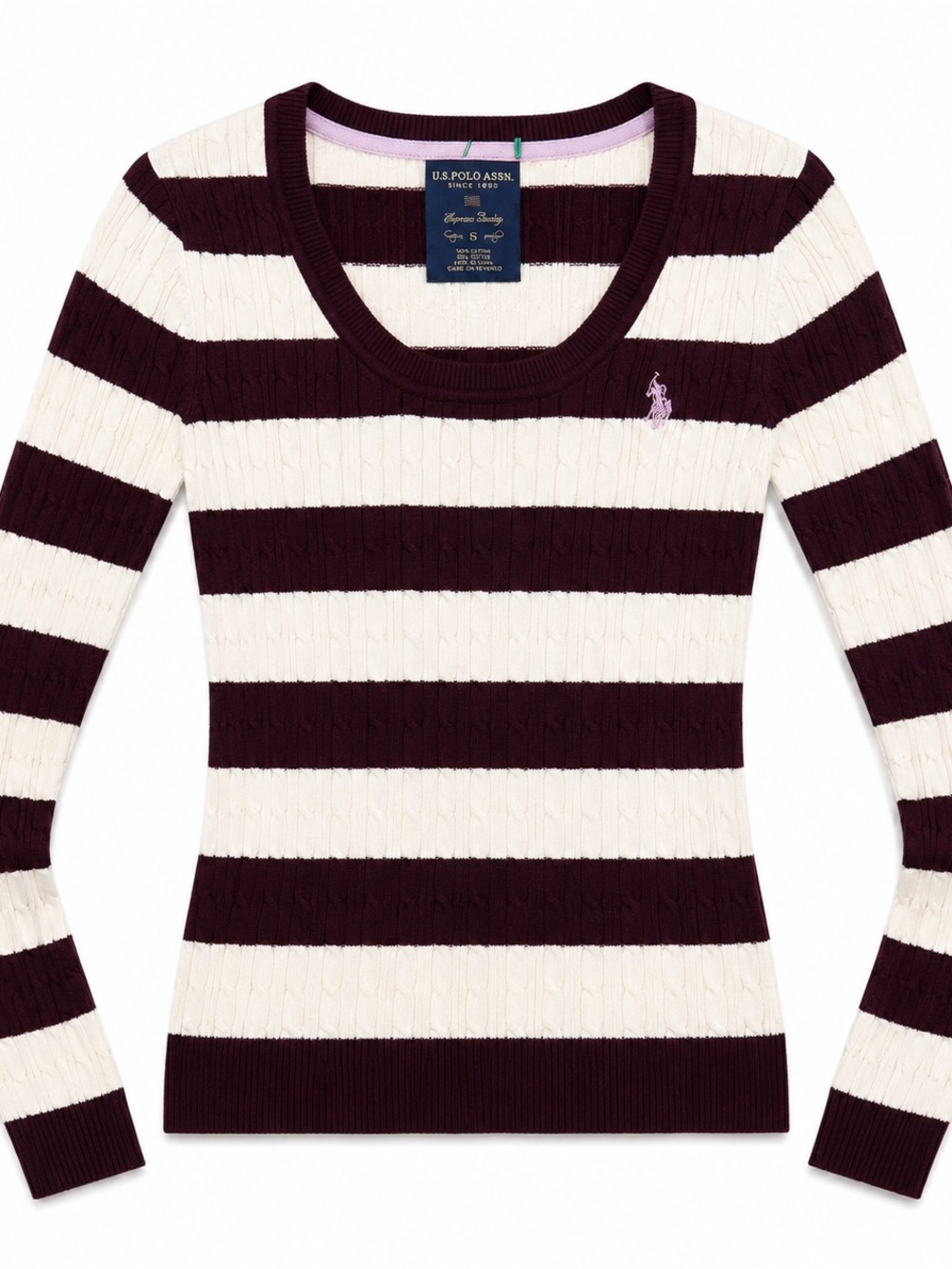 U.S. Polo Assn. Striped Cable-Knit Scoop Neck Sweater — Cream & Plum